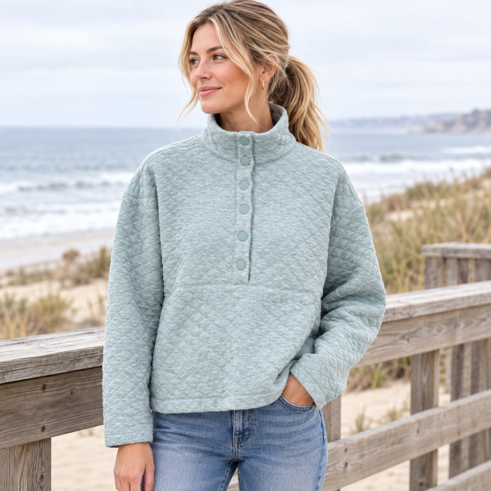 Marine Layer Womens Corbet Half Snap Pullover L Seafoam Quilted Mock Sweatshirt